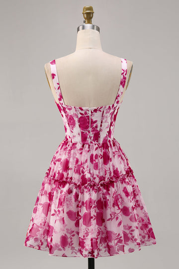 Floral Fuchsia Corset Printed A Line Short Prom Dress
